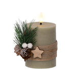 Lumineo BO Led Wax Candle with Leaves Decorations 7.5 x 13cm - Green/Warm White